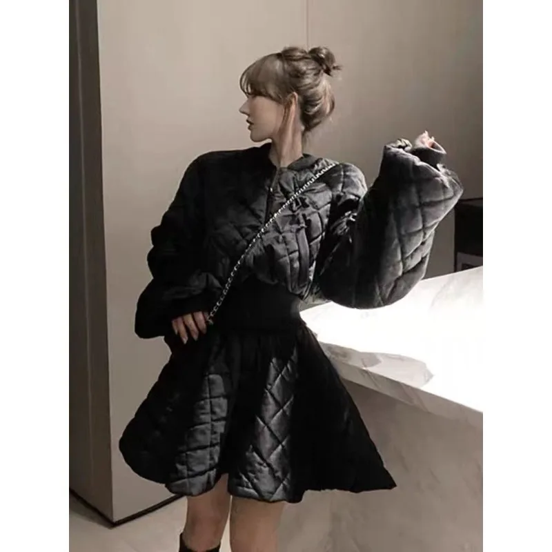 

Women's Winter Suit Stylish Fitted Short-sleeved Cotton Jacket Long Sleeves, Warm High-waisted A-line Puffy Skirt Two-piece Set