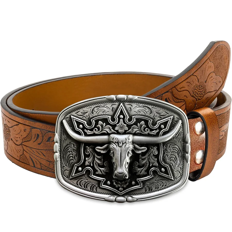 Cinturón de hombre estilo pareja de vaquero occidental - Patrón irregular Tallado Flor Cuerno largo Cabeza de vaca Hebilla suave Cinturón de mujer - Countr