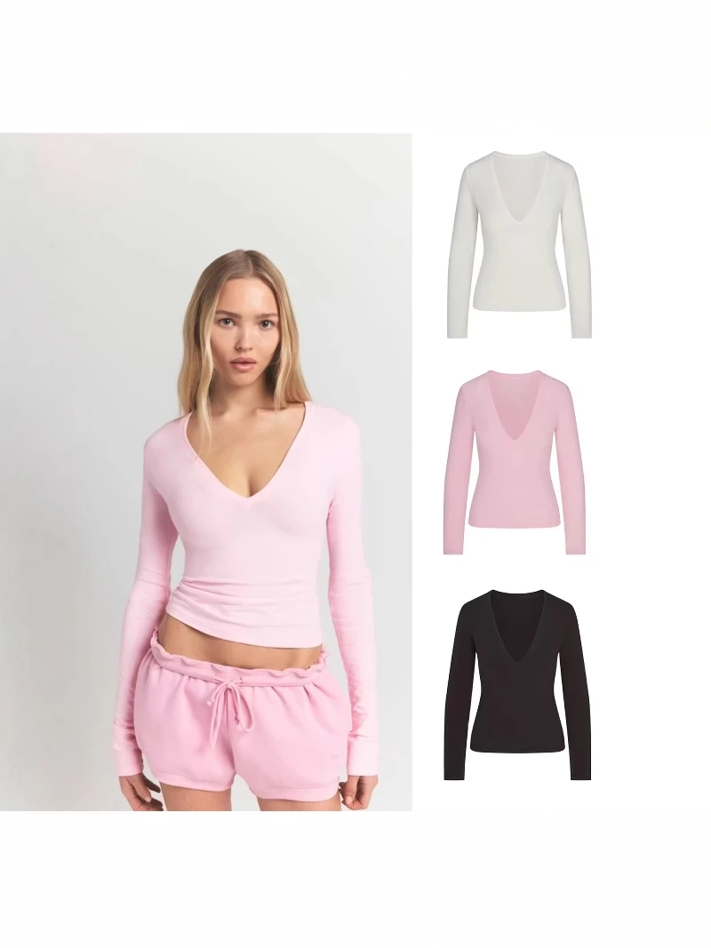 

Сексуальная женская футболка с V-образным вырезом и длинным рукавом, утягивающая талию, однотонная, дышащая, из смеси хлопка и полиэстера, весенняя коллекция