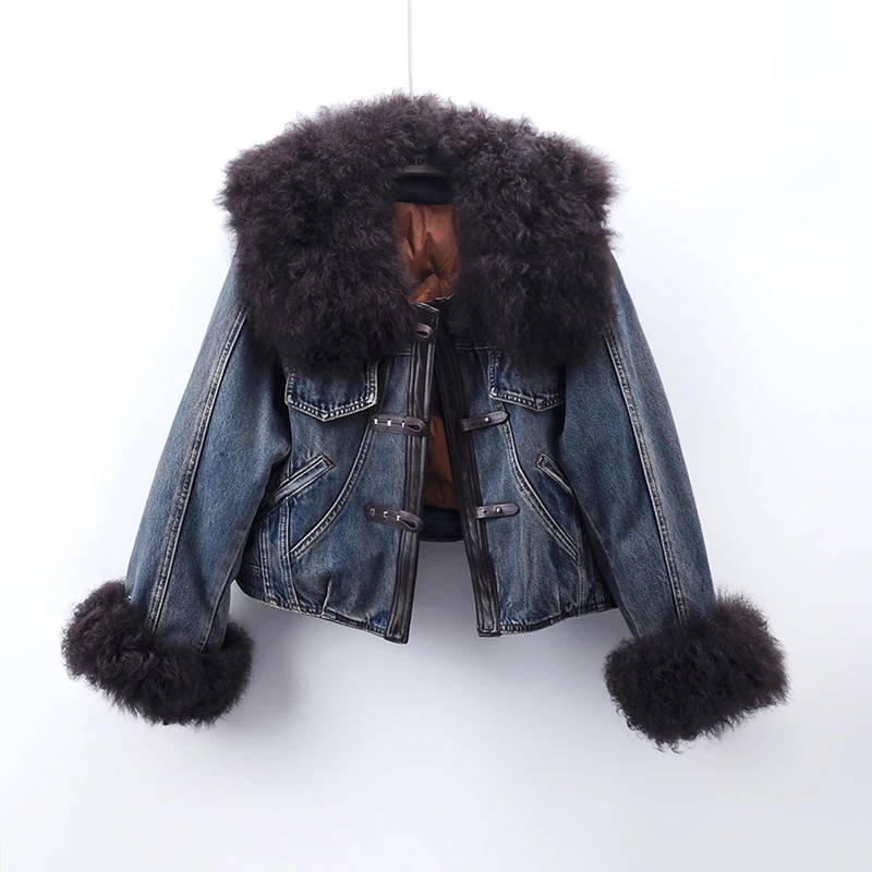 

Модная съемная овечья шерсть с меховым воротником, толстая теплая пуховая подкладка, джинсовая куртка, зимние женские свободные повседневные джинсовые куртки с длинными рукавами