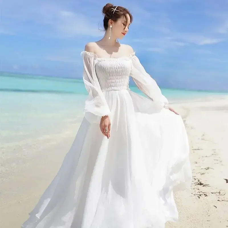 Jurken voor dames zomer nieuwe chiffon off-shoulder jurk witte jurk vestido de mujer