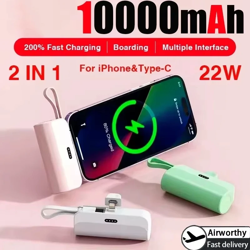 6000mAh Power Bank 2 IN 1 Fast Mobile Phone Charger External Battery Mini Power Bank Plug Play Type-C For iPhone Samsung Xiaomi