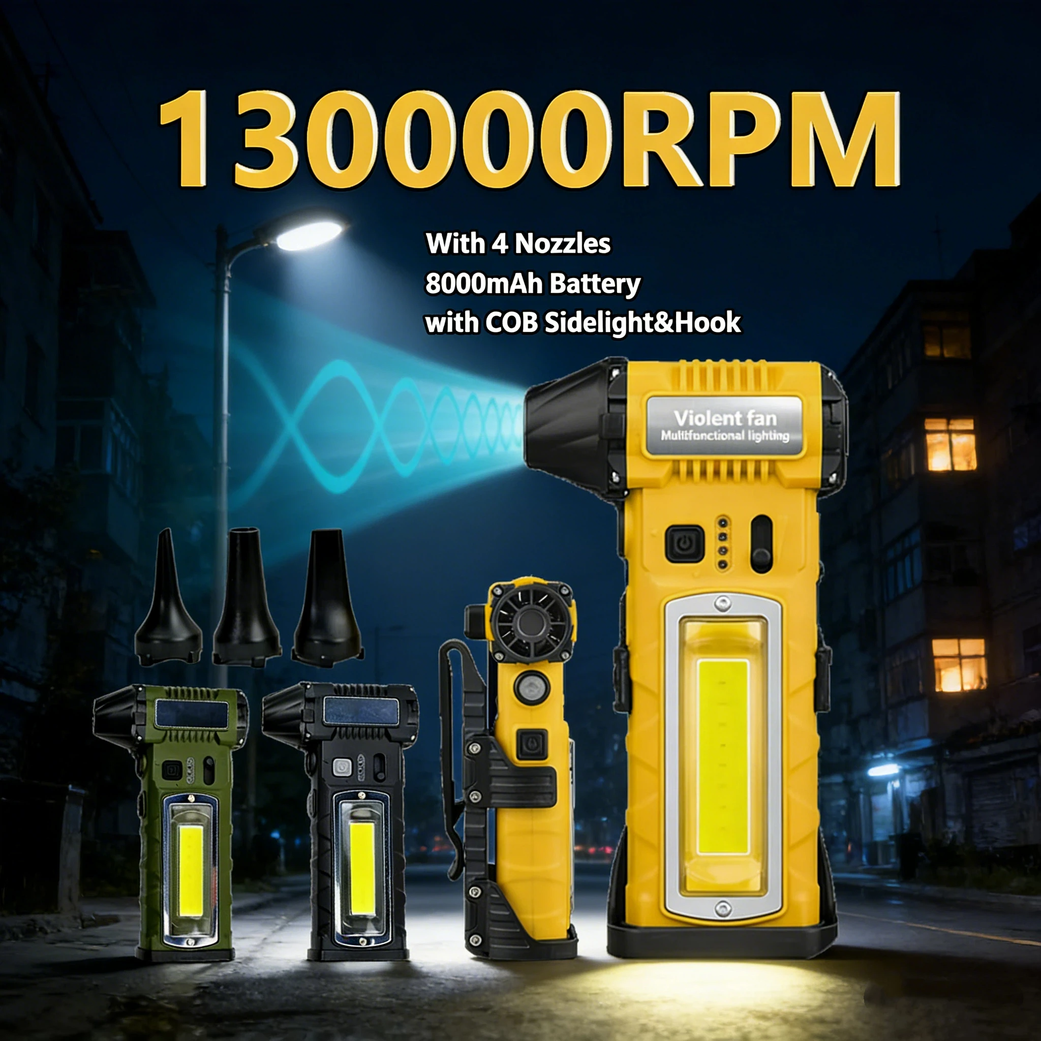

4-in-1 Violent Fan 1300000RPM 8000mAh 4 Nozzles&Sidelighting Wireless Air Blower Mini Turbo Jet Fan Waist Hanging Camping Fans