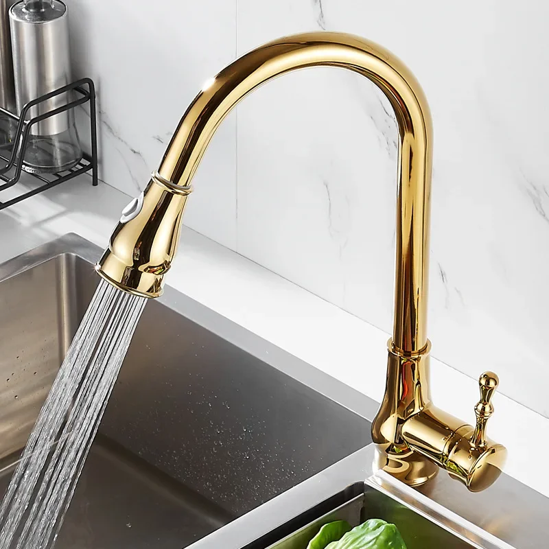 Pull Out Gold Kitchen Faucet Black Sink Faucet Mixer Tap 360 degree rotation torneira cozinha mixer taps Kitchen Tap