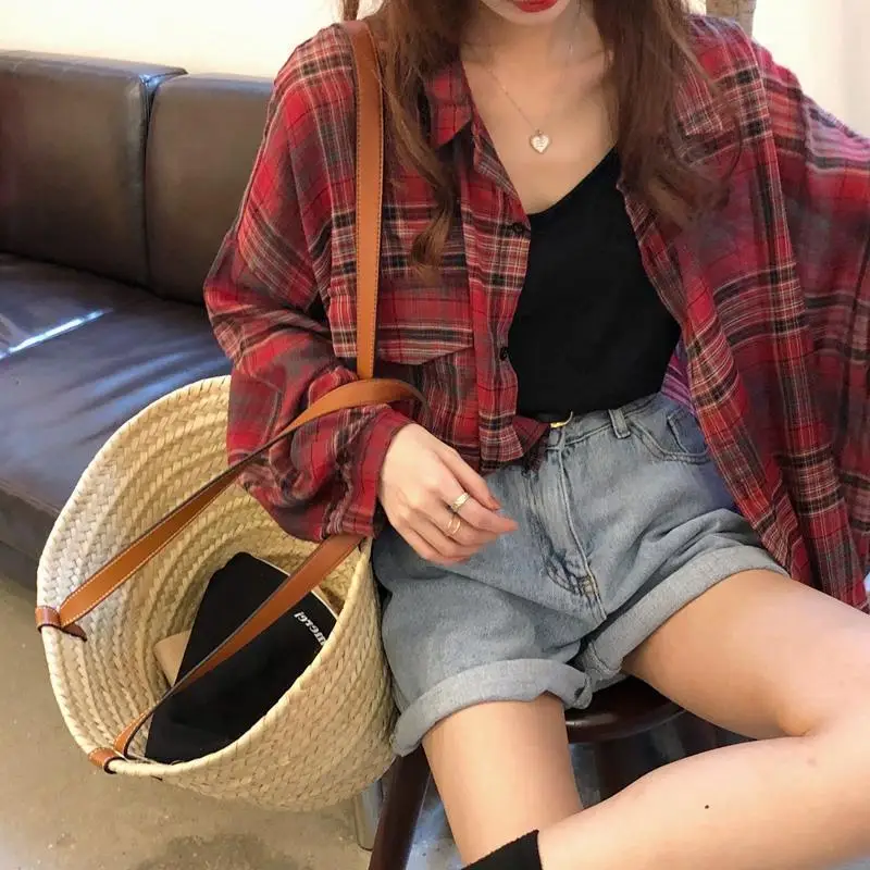 Shirts Women Autumn Plaid Vintage Fashion All-match Leisure S-3XL Chic Daily Simple Single Breasted Design Ulzzang Teen Stylish