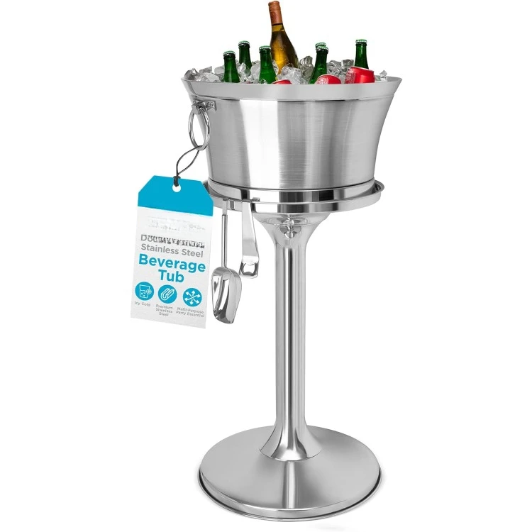 Metal Beverage Tub w/Stand, Scoop & Bottle Opener - Stainless Steel Double Wall Ice Cooler - Large Drinks, Beer, Wine