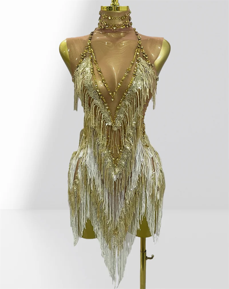 

Роскошное мини-платье с золотыми блестками и кисточками, сверкающие бриллианты, модный женский костюм для вечеринки, ночного клуба, танцоров