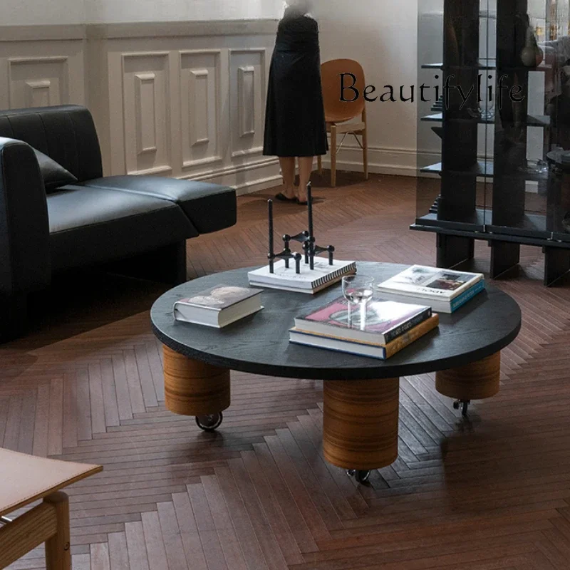 

YY Unique Aesthetic Side Tables Black Wheels Portable Designer Coffee Table Round Nordic Wood Mesa De Centro Sala Furniture