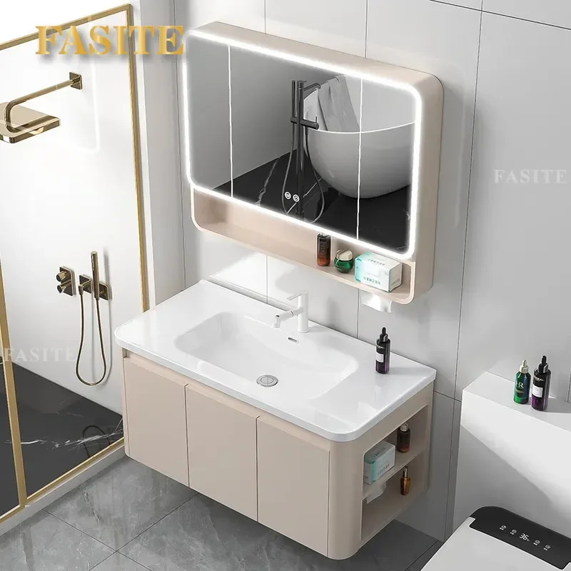 For Bathroom Aluminum Arc Corner Mirror Cabinet Smart Storage Anti-collision Waterproof Space Saving Separate Toilet Vanity