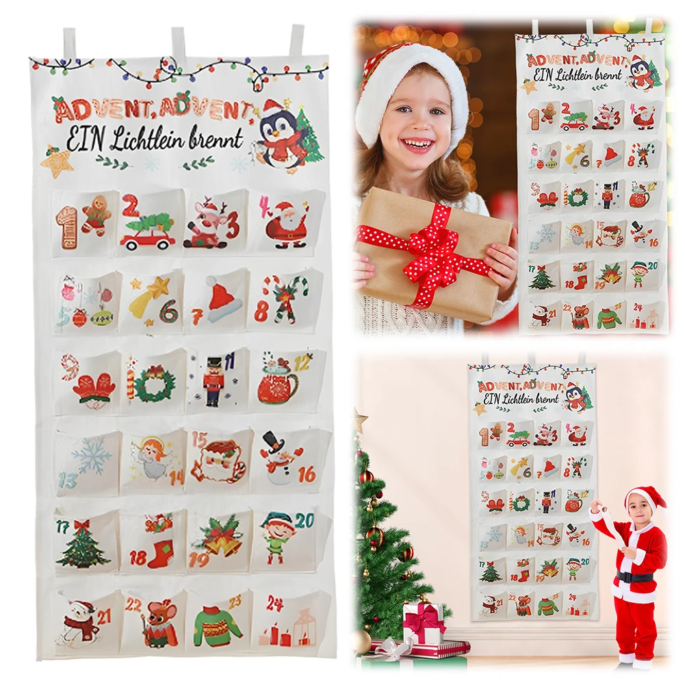 Fabric Christmas Advent Calendar Xmas Wall Decoration Reusable Advent Calendar 2024 with 24 Pockets Xmas Party Favors