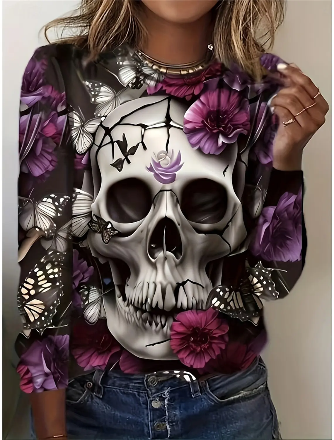 2024 New Women Halloween Crow Printed Casual Sweatshirt Round Neck Casual Basic Loose Fashion Women Designer Style