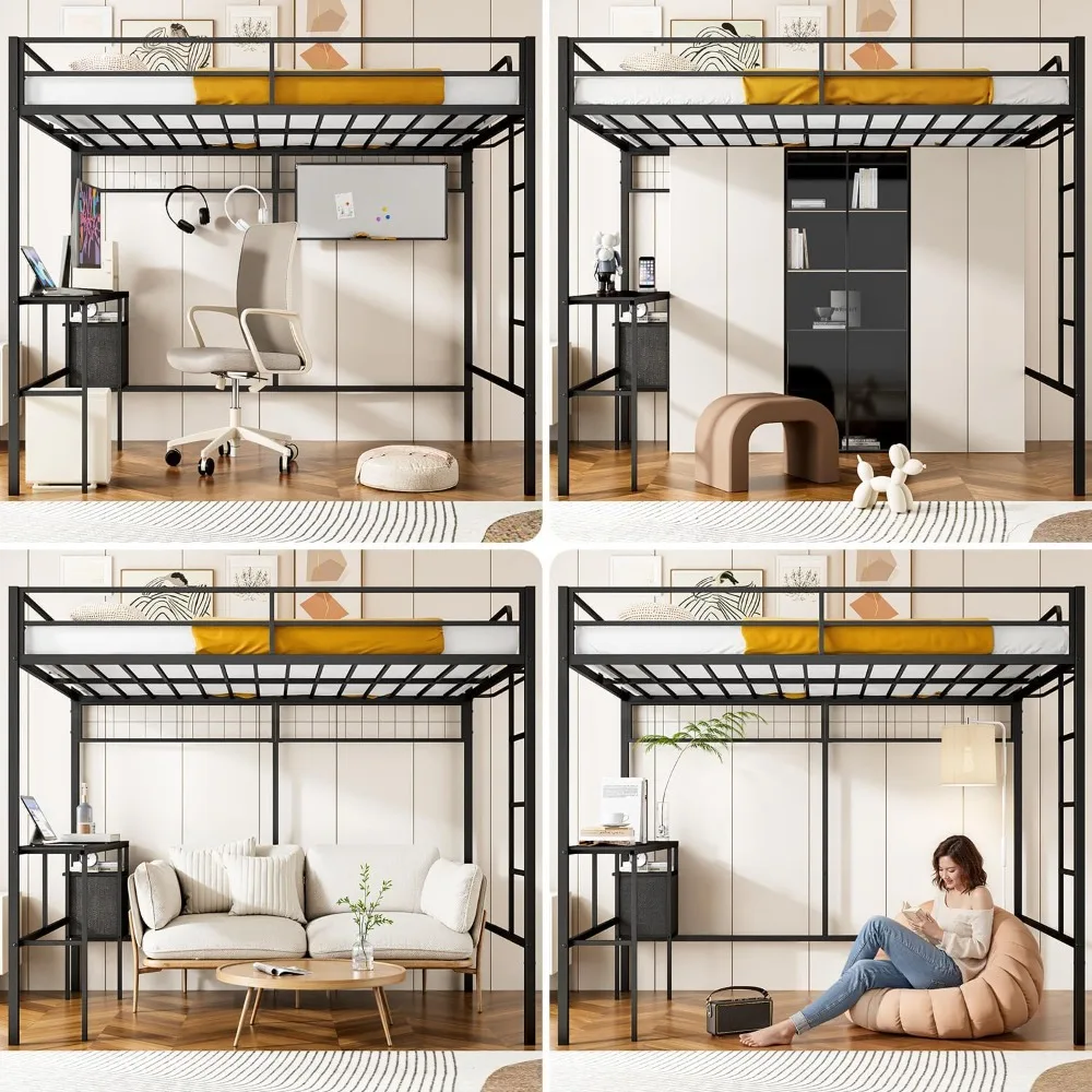 سرير بطابقين مزدوج على شكل حرف L مع مكتب وتخزين - سرير علوي قابل للفصل مع أدراج ورفوف، يخلق مكتبًا منزليًا واسعًا