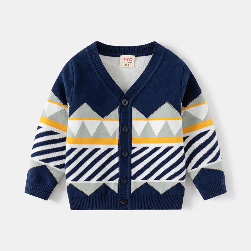 Children Sweater Winter Double-layer Cotton Striped Kid Knitted Sweaters For Boys Girls Cardigan Baby Jacket Navy And Beige Coat