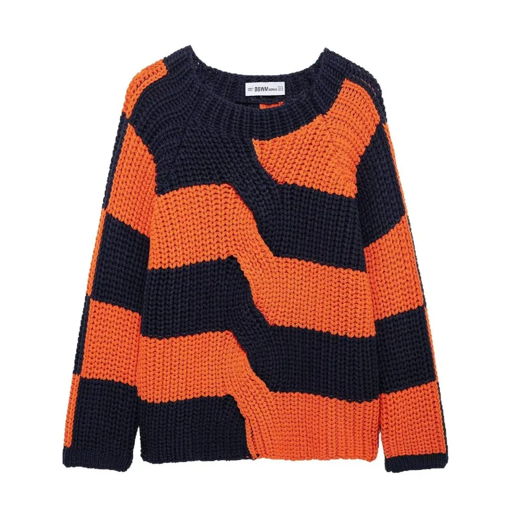 

Spring New Women's Long Sleeve round Neck Sweater Top Loose Casual Stripe Stitching Knitwear Fashionable Spring Outerwear