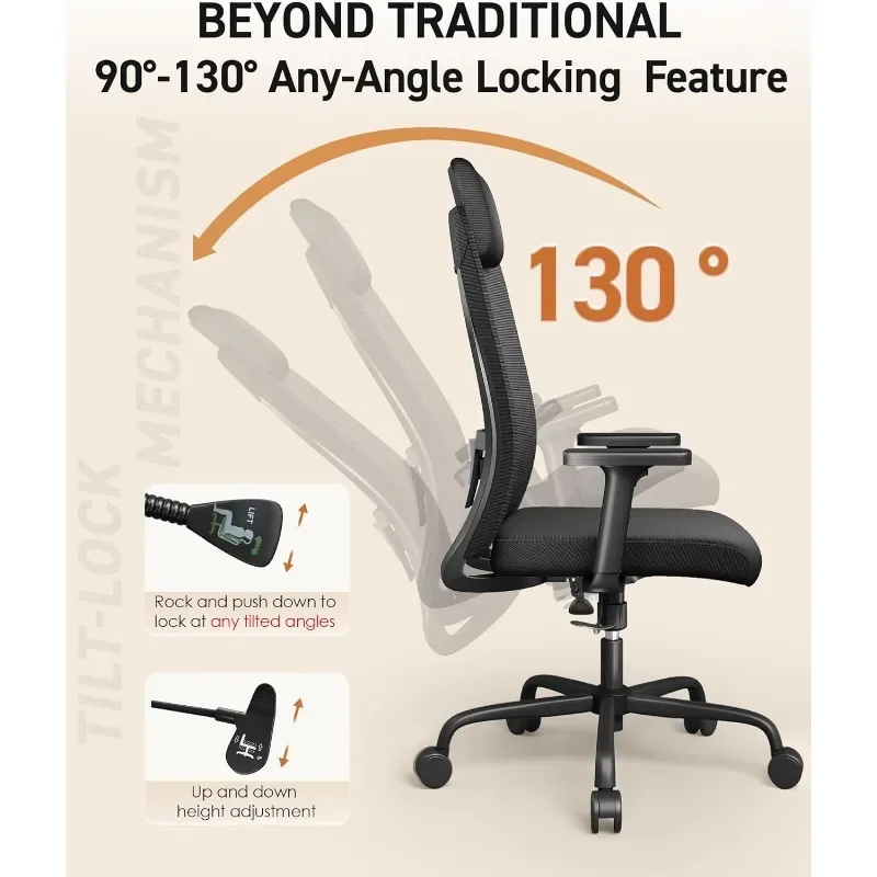 Office Chair Ergonomic Desk Chairs - Tilt Lock at Any Angle 90°-130°, Mesh Ergonomic Chair with Big Adjustabe Headrest