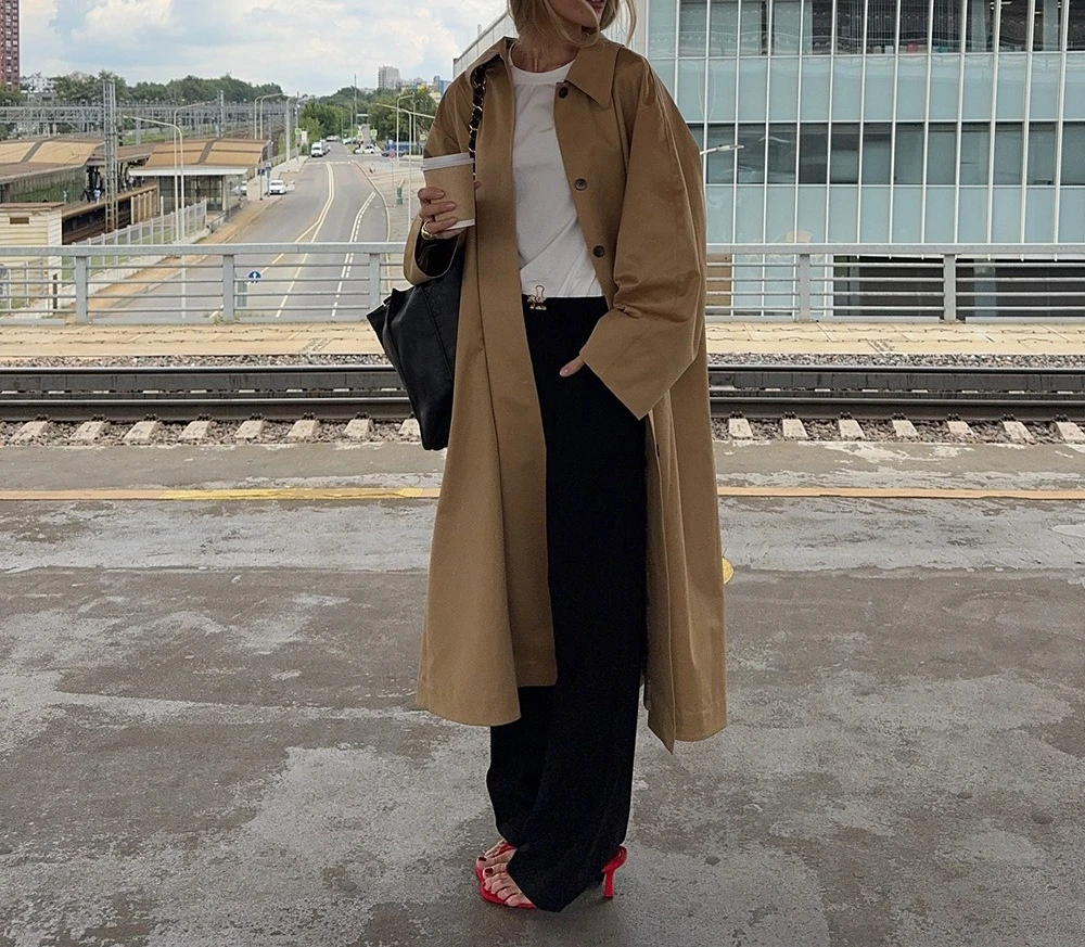 レディースシンプルロングトレンチコート2025秋冬ラペルシングルブレストトレンチコート純綿ゆったりレディーストレンチコート