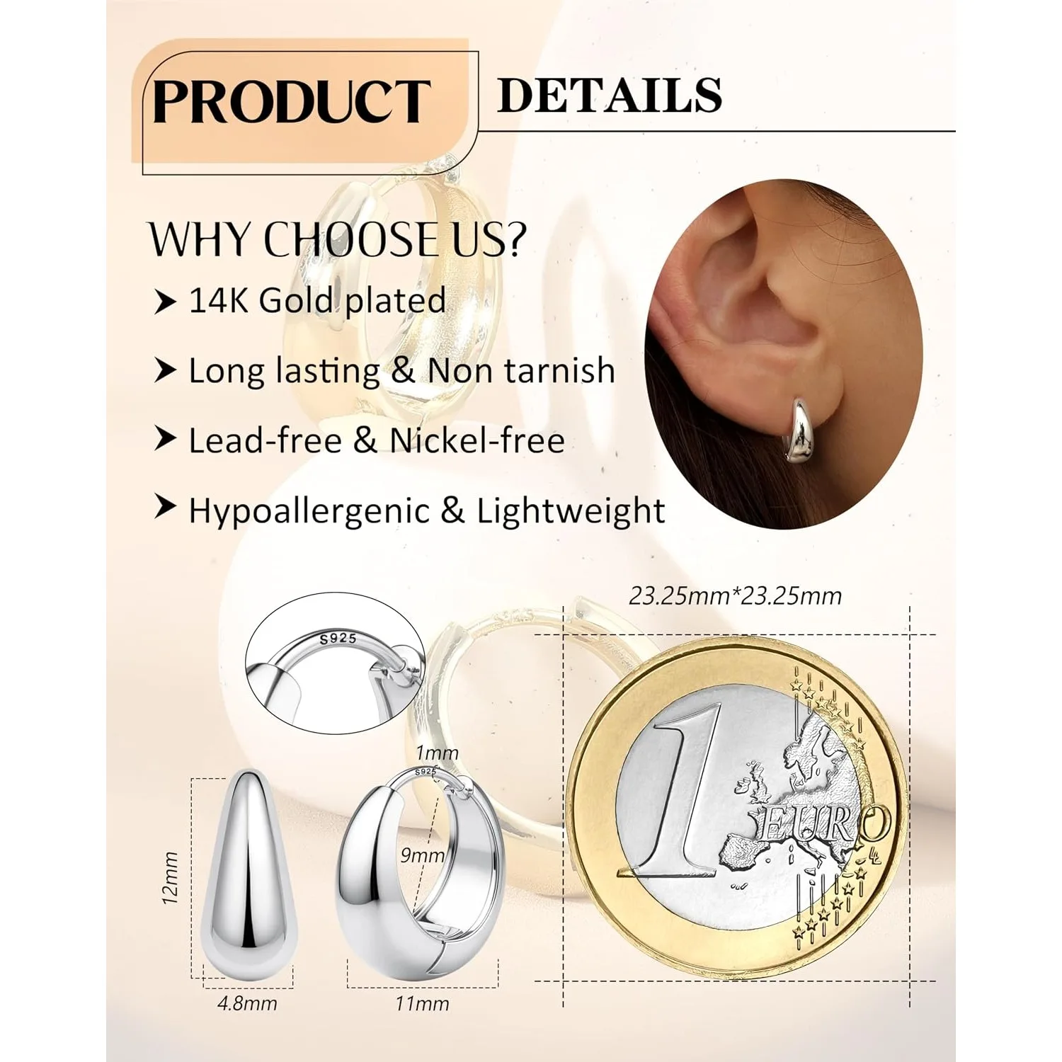 Fansilver Sterling Silver Hoop Earrings for Women Chunky 14K Gold Plated Earring Hypoallergenic Hoop Earring Lightweight Jewelry - view 2