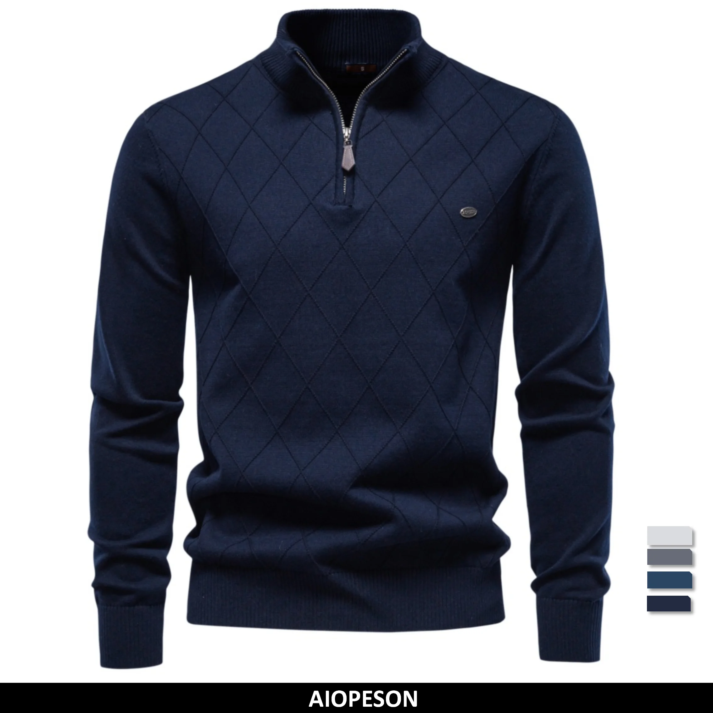 AIOPESON Men Cotton Half Zip Mock Neck Pullover Argyle Knitwear Ribbed Cuffs Slim Fit Smart Casual Business Fall Winter Sweater