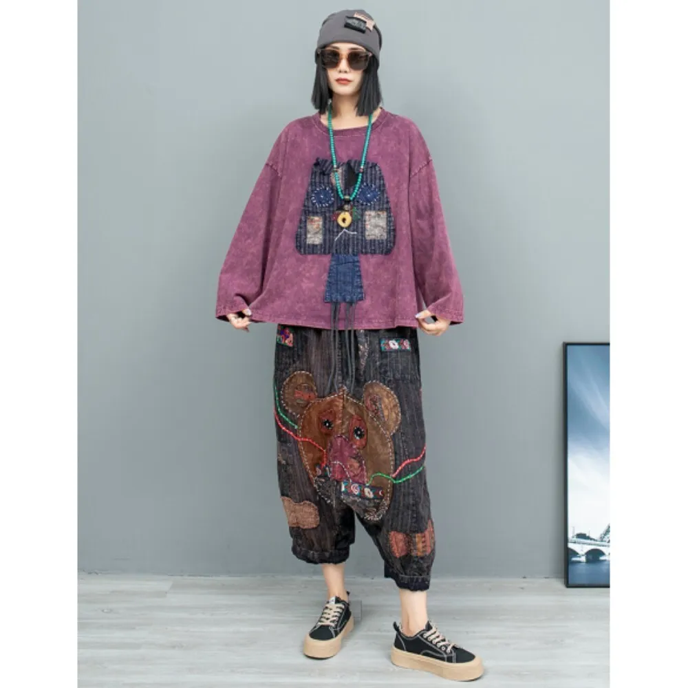 2024 Autumn Hand Embroidered Patchwork Pant Set Long Sleeved Round Neck T-shirt + Large Crotch Pants Two Piece Set Women LX2090