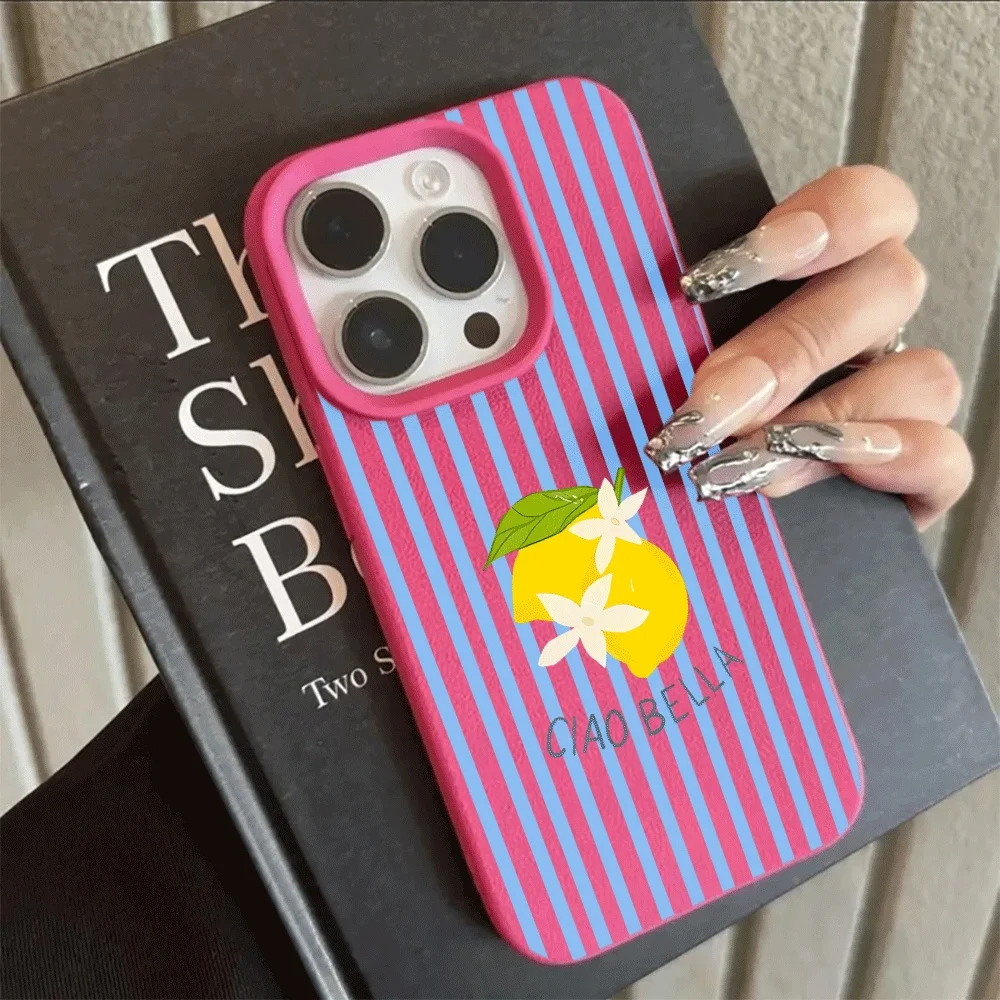 Koreanischer Stil Blaue Streifen Zitronen-Print Handyhülle für iPhone 17 16 15 14 13 12 11 Pro Max Plus 17 XR Silikon Matt Weiche Hülle – Detail 12