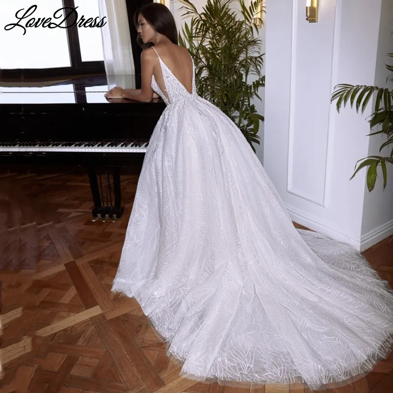 Gaun Pengantin Seksi A-Line Gaun Pengantin Tali Spaghetti V-Neck Dalam Gaun Pengantin Wanita Renda Applique Backless Ritsleting Vestido De Noiva