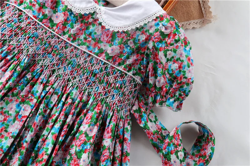 Kids girls handmade floral smocked dresses summer 2024 toddler girl flower smock dress for party wedding baby elegant outfit