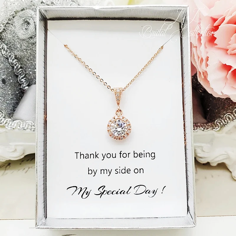 Personalized ROSE GOLD Round Cubic Zirconia Necklace, Elegant Halo Necklace, Bride and Bridesmaid Gifts,Wedding Party, Bridal