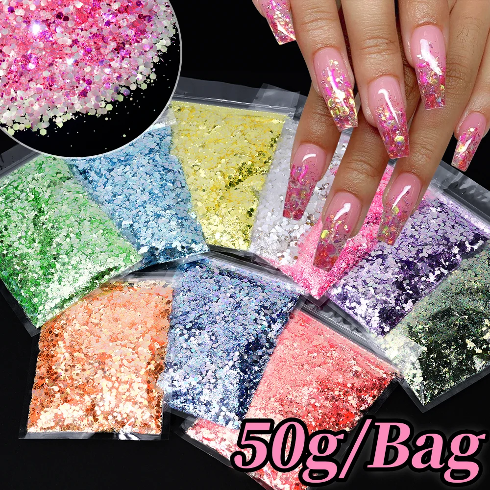 1Bag/50g Super Shiny Nail Glitter Flakes Holographic Sparkly Hexagon Sequins Mermaid Nail Art Pigment For Manicure Makeup Decora