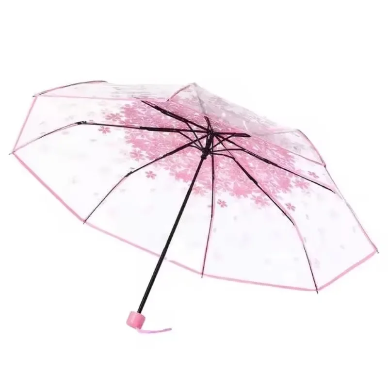 Korean Umbrella Folding Cute Korean Mini Fresh Simple Sen Series Trifold Cherry Blossom Transparent Japanese Umbrella