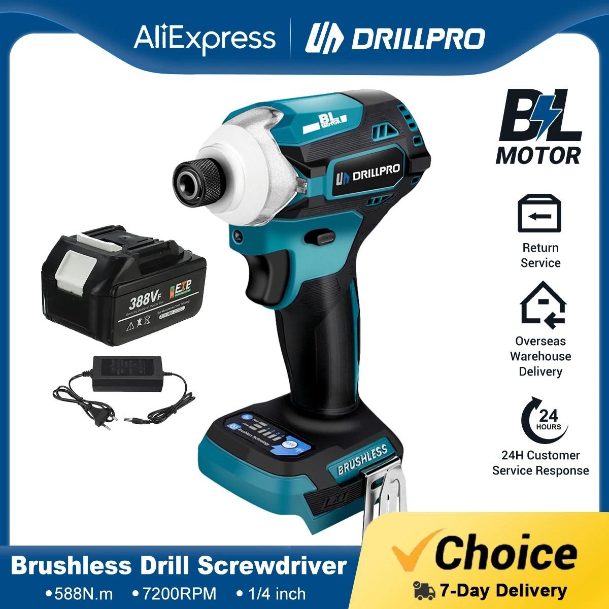 Drillpro 1/4 Inch Cordless Brushless 4-Speed Electric Drill Screwdriver Impact Driver Power Tool for Makita 18V Battery