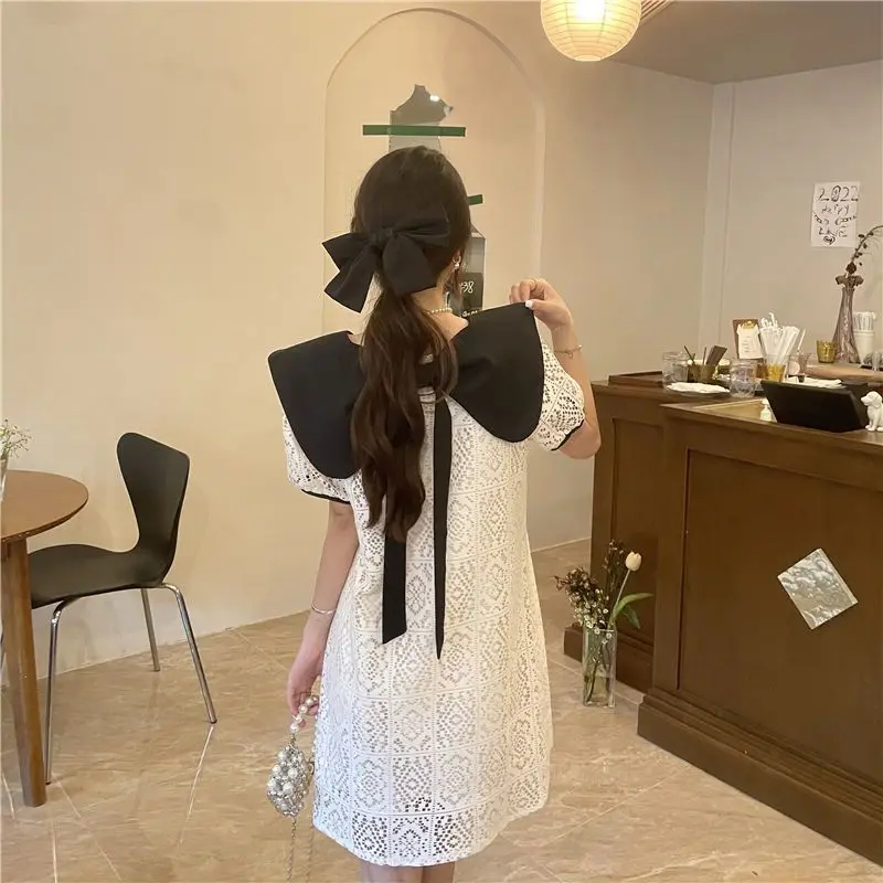 England Sailor Collar Bow Spliced Age Reduction Summer New Lace Hollow Out Short Sleeve Straight Loose Cover Meat Dress Female