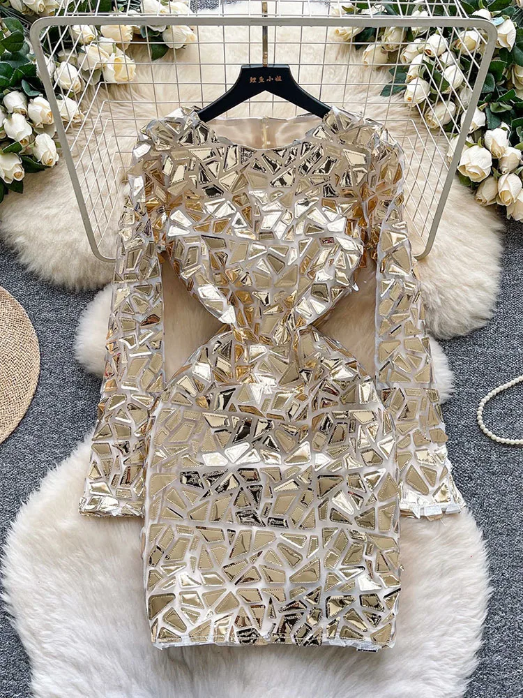 

Женское мини-платье, сексуальное, весенне-осеннее, роскошное, с блестками, круглым вырезом, с приталенной талией, с длинным рукавом, трапециевидной формы, сексуальные и клубные платья-трубы, элитные DS294