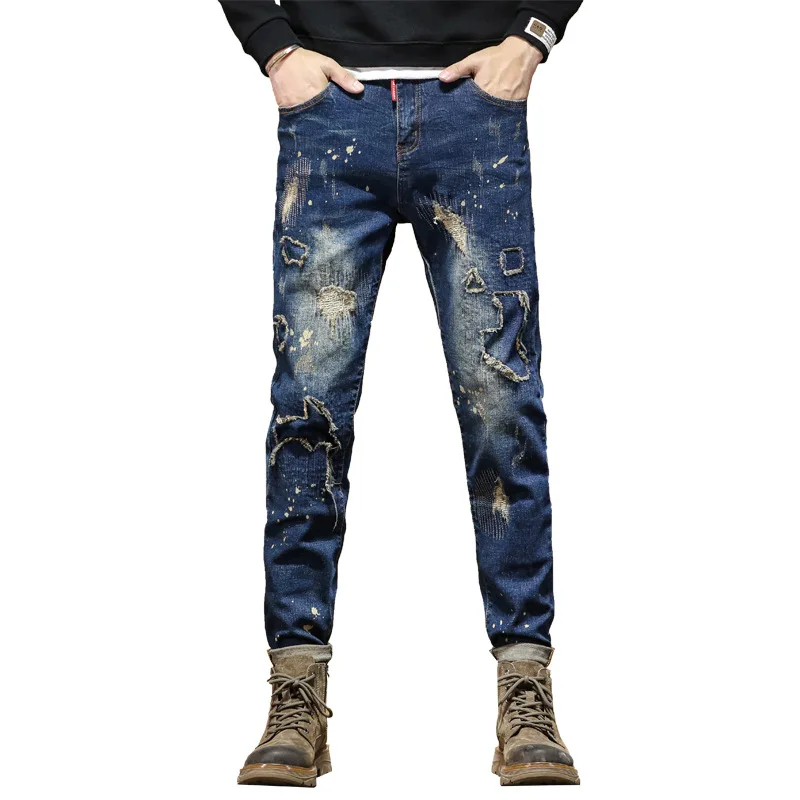 Jeans de motocicleta bordado rasgado masculino, patch stitching, tinta slim fit, calças retrô, design de rua, moda