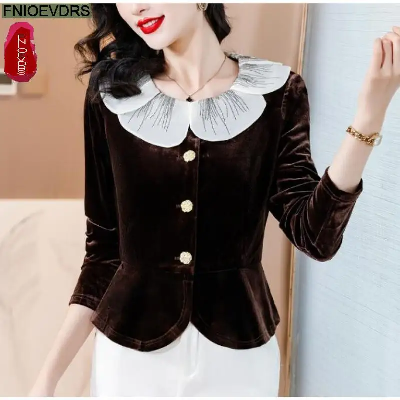 S-3XL Black Velvet Top Women Autumn Winter French Design Elegant Office Lady Work Button Shirt Casual Slim Retro Peplum Blouses