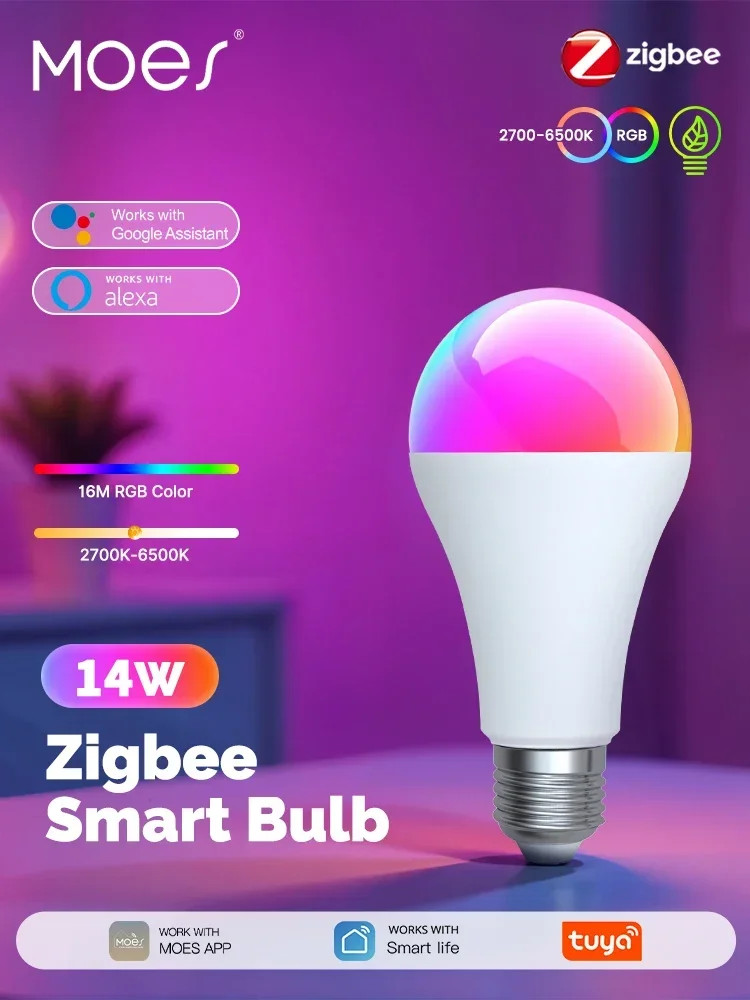 MOES Tuya Zigbee Smart LED-Glühbirne, dimmbar, RGB, C+W-Farben, 14 W, E27, 2700 K–6500 K, Smart Life App-Fernbedienung mit Alexa Google Home