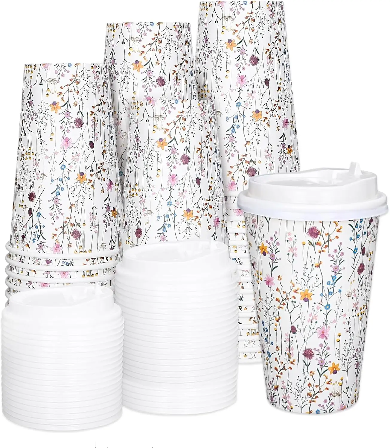 

50-Pack Disposable Wildflower Patterned Paper Coffee Cups with Lids, 16 oz Each, Perfect for Parties, Cafes, and Gatheri