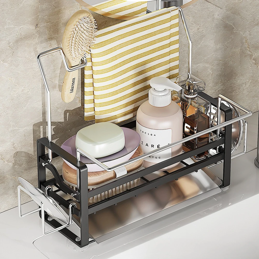 Stainless Steel Sink Shelves for Kitchen, Drying Basket with Dishcloth & Towel Holder, Multi-Function Sponge Rack