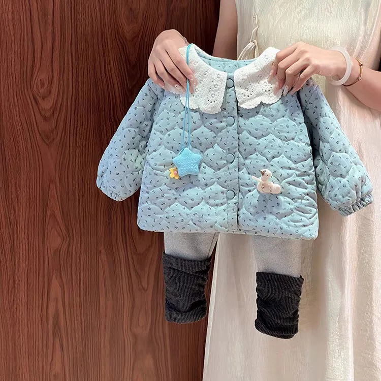 Girls' Winter Cotton Coat, Foreign Style Children's Pastoral Floral Cartoon Lace Collar Thickened Cotton Coat