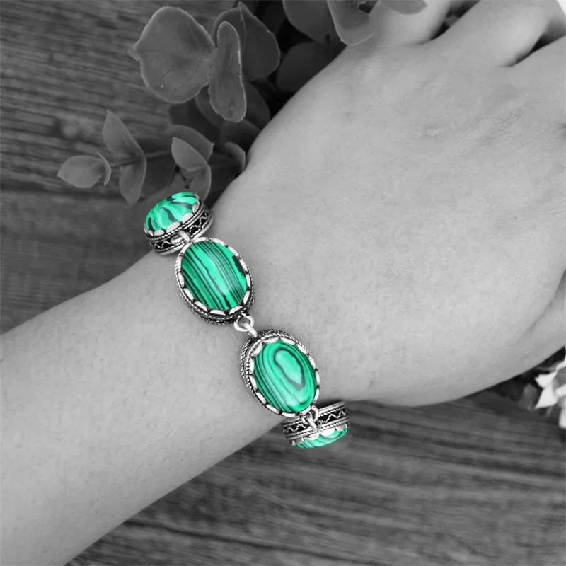 Oval Synthetic Malchite Strand Bracelets For Women Antique Silver Plated Vintage Look Fashion Jewelry TB325