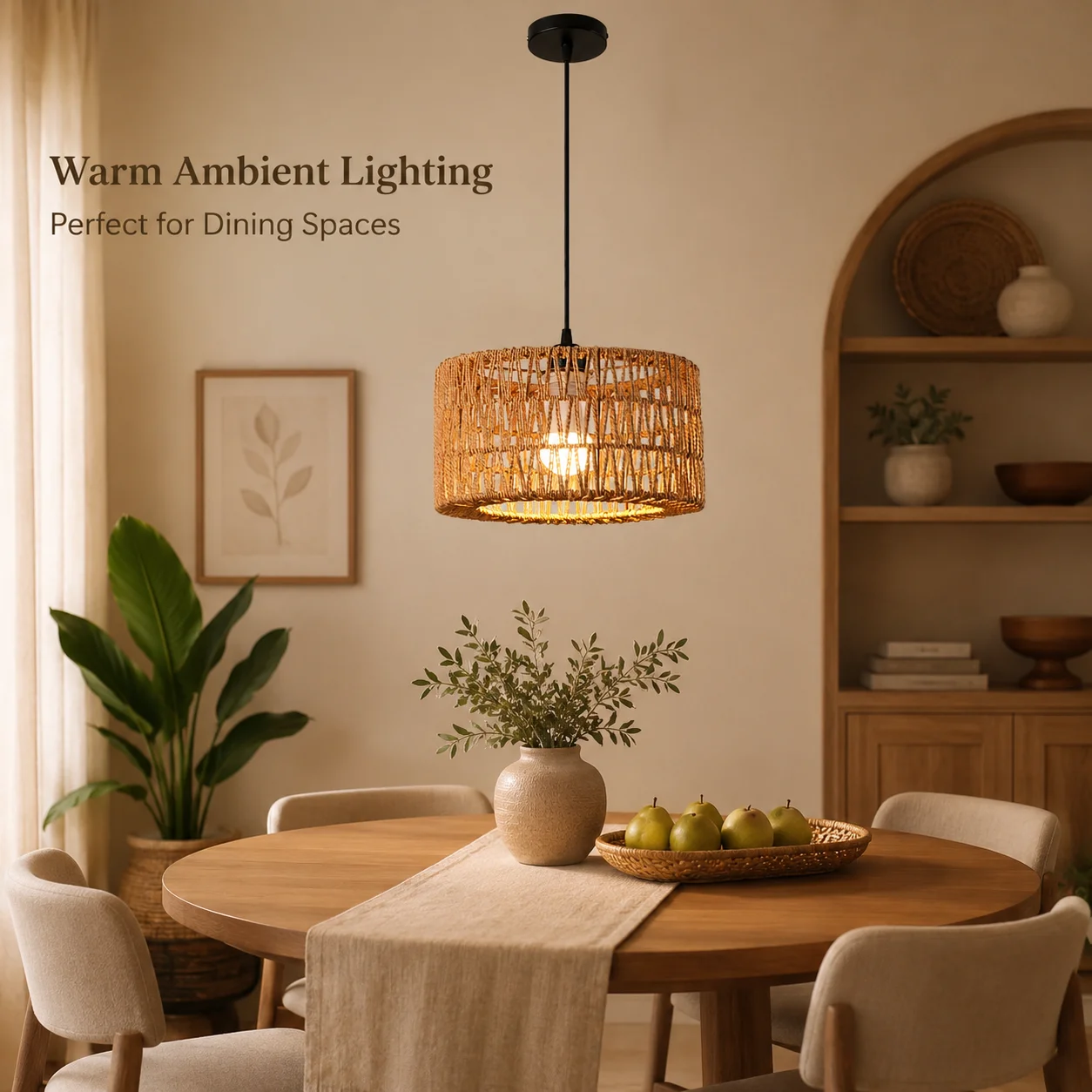 JOYINLED 31cm Rattan Basket Shade Farmhouse Adjustable Hanging Light Woven Pendant Lights for Dining Room Rustic Hanging Lamp