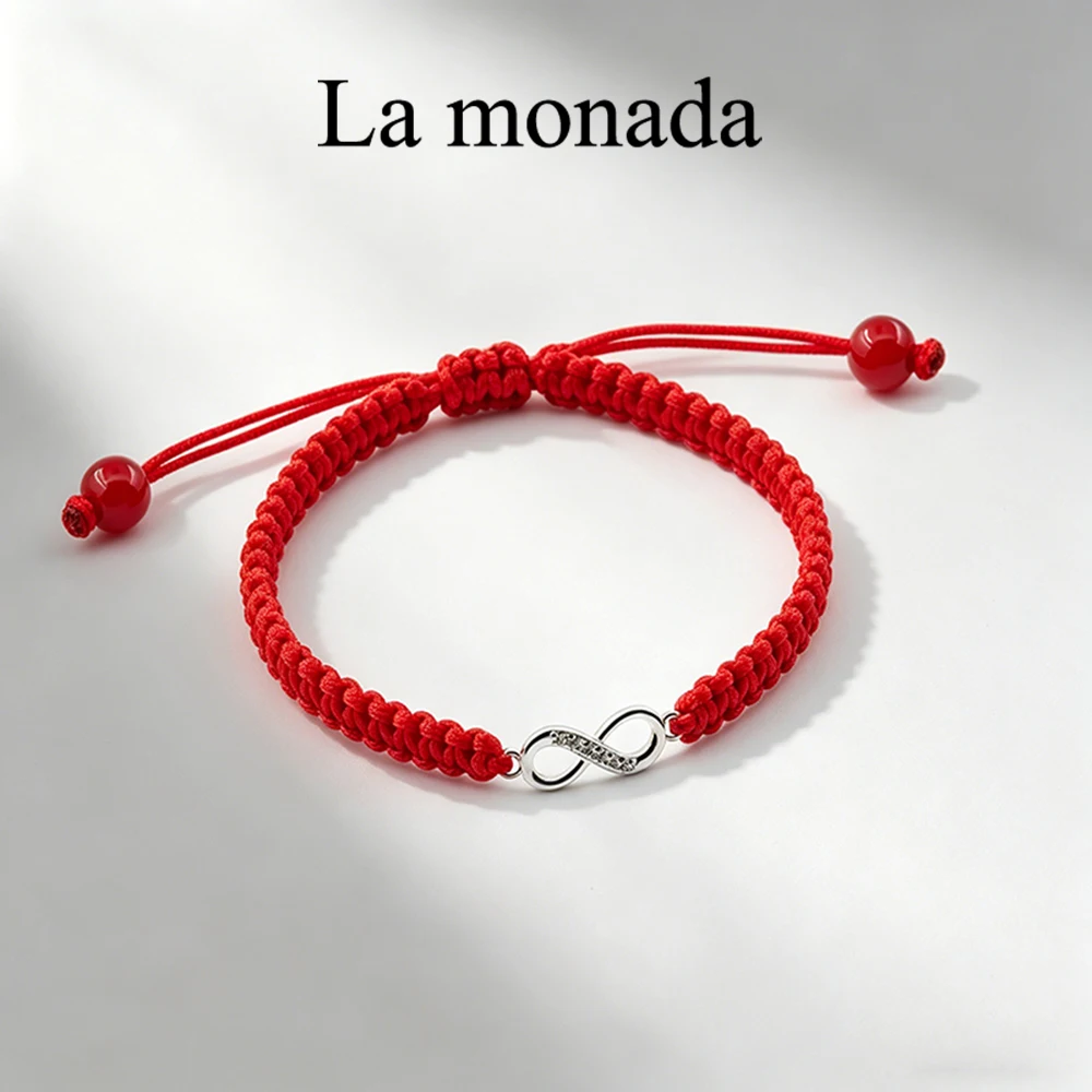 La Monada 925 Sterling Silver Infinity Bracelet for Women Adjustable Red String with Cubic Zirconia