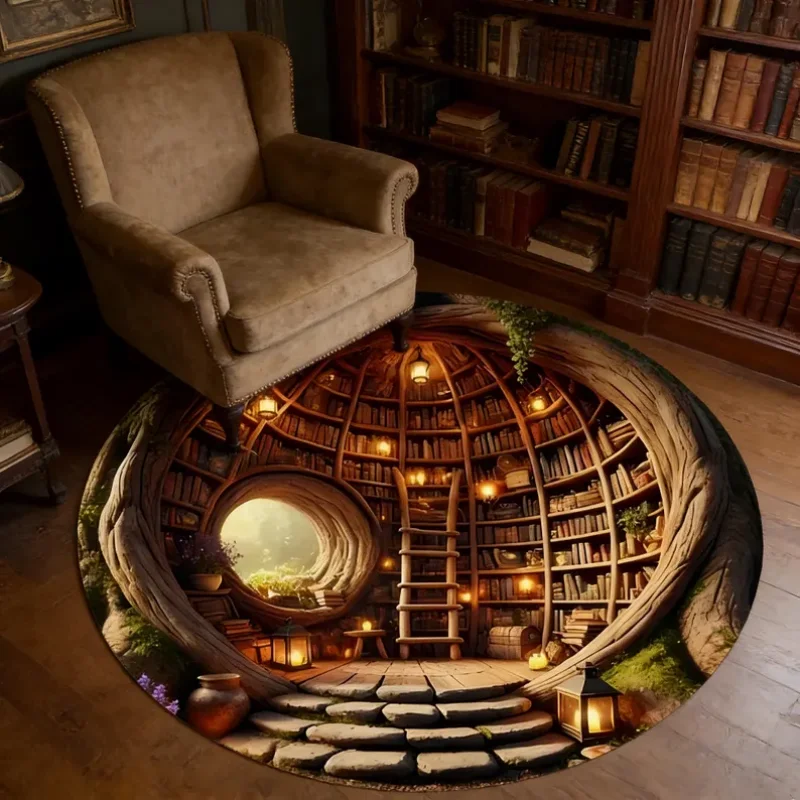 Round Library Spiral Stair Illusion Rug Soft Vintage Book Tower Lamp Green Plant Pattern Decor Carpet For Living Room Bedroom