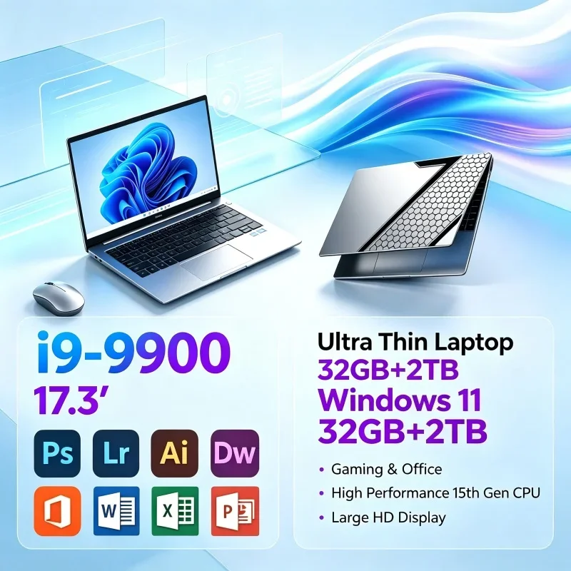17.3'' Big Display Intel I9‑9900 Laptop 32GB 2TB SSD Win11 WiFi6 BT5.2 Portable Notebook Home School Daily Office PC