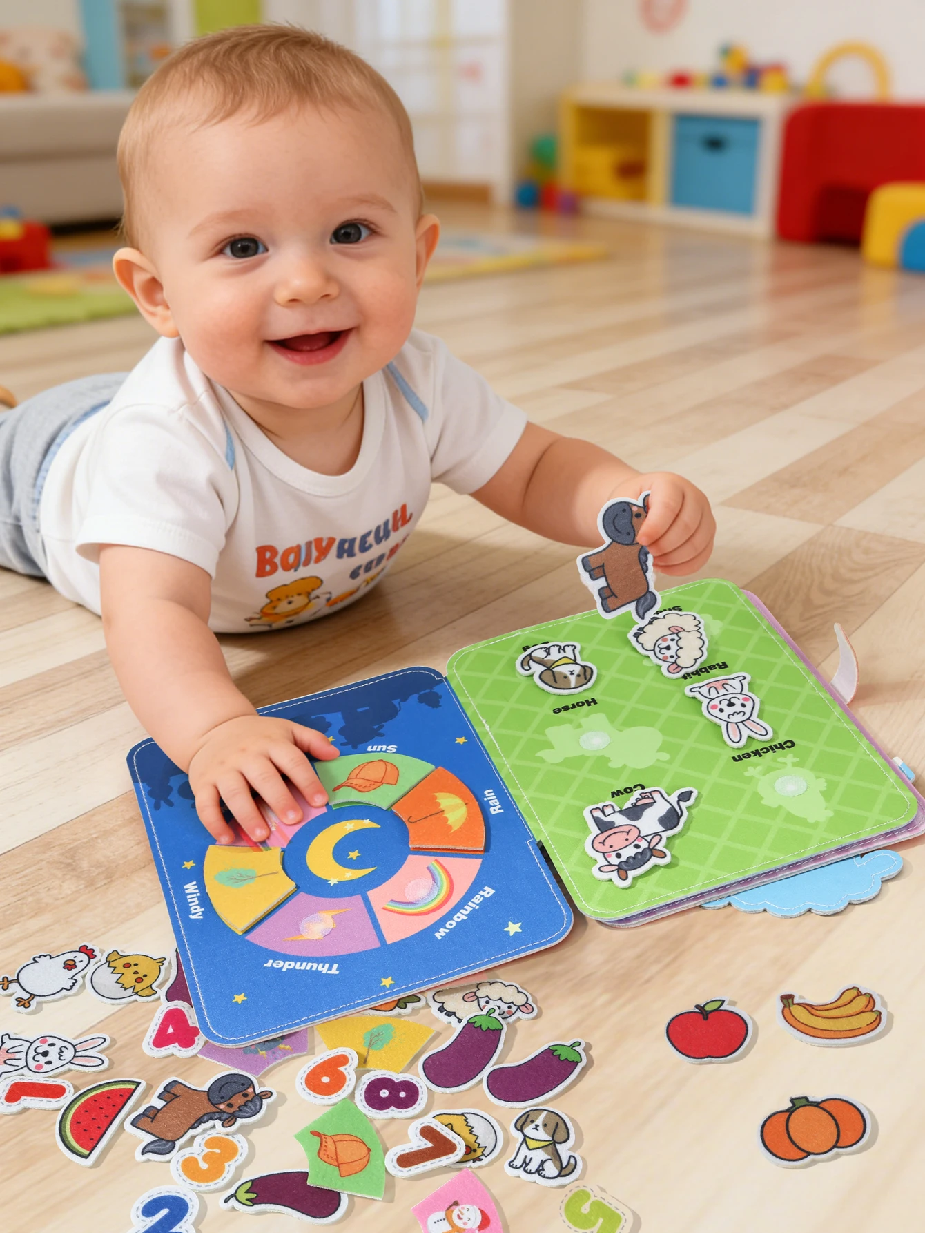 หนังสือเงียบธีมฟาร์มสำหรับเด็ก หนังสือสติกเกอร์แบบใช้ซ้ำได้ ติดด้วยตีนตุ๊กแก ของเล่นเสริมพัฒนาการเรียนรู้เรื่องสัตว์และผัก สำหรับเด็กวัยเตาะแตะ