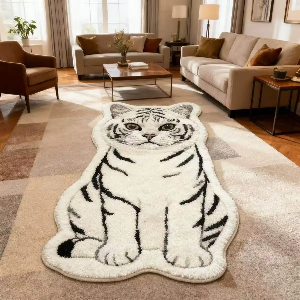 VIKAMA Sitting Orange Tabby Cat Shaped Rug Non Slip Washable Plush Floor Mat Lovely Bedroom Side Bed Decor Carpet - view 3