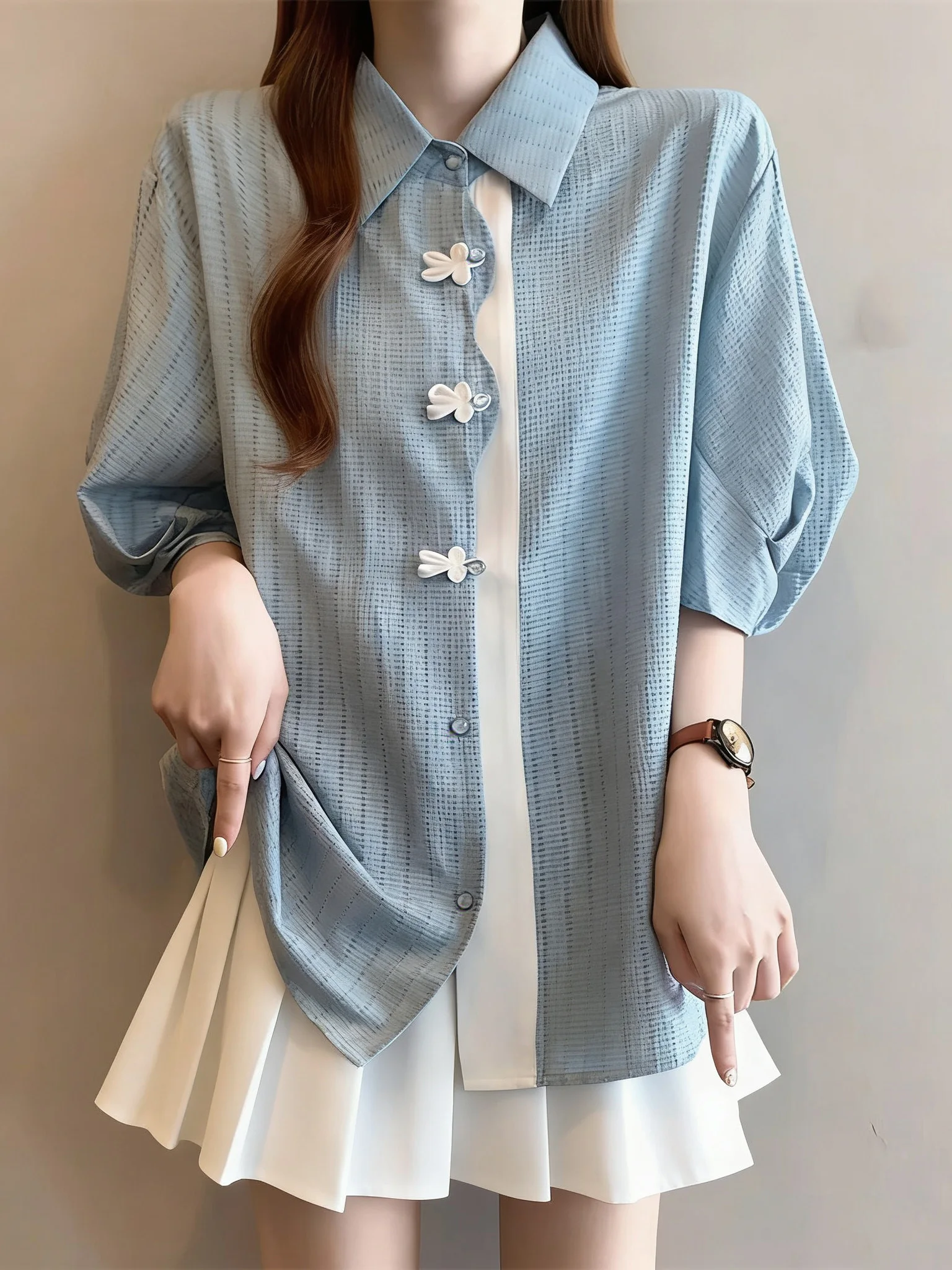 

Light Blue Striped Short Sleeve Shirt Women's Shoulder Length Lantern Sleeve Top Korean Style Loose Fit Commute Fashion