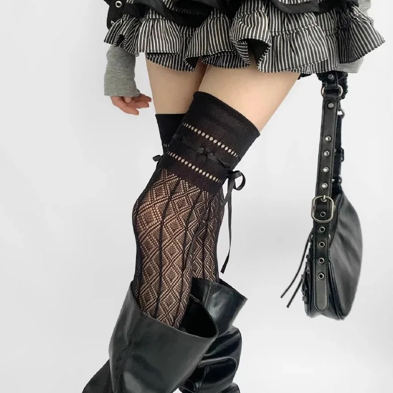 New Black Fishnet Stockings Women Sexy See Through Hollowed-out Thigh High Socks Punk Uniform JK Bow Tie Strap Knee High Hosiery