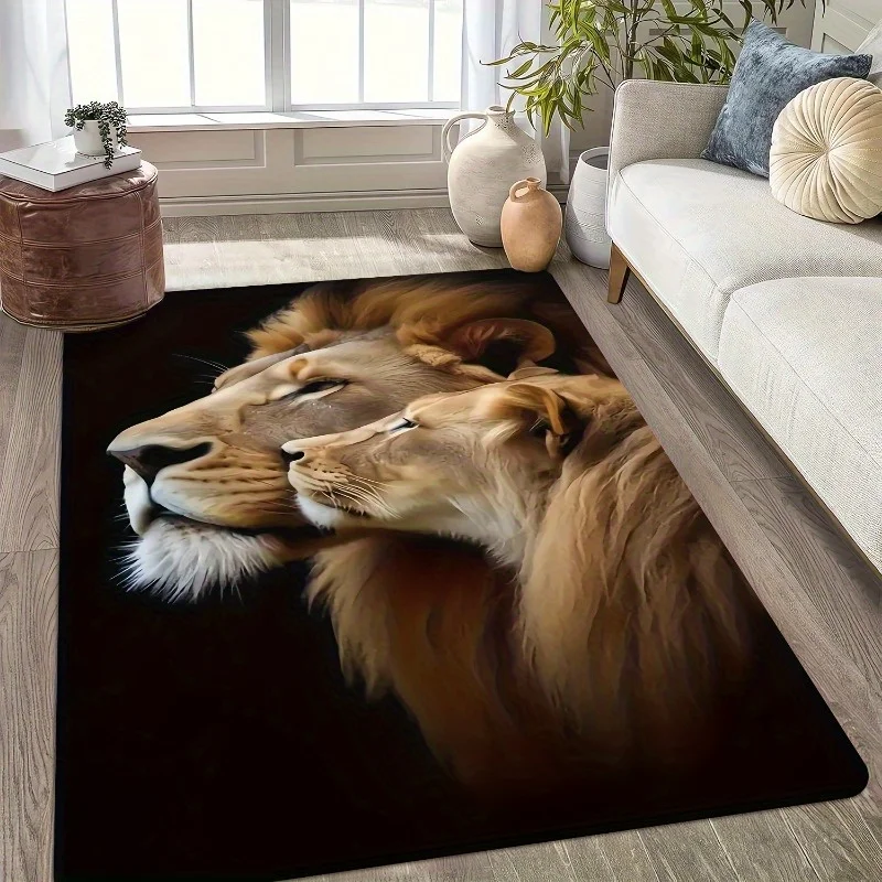 Flannel Printed Lion Couple Rug Wildlife Art Design Soft Fleece Floor Mat Living Room Carpet Animal Theme Home Decor Unique Rugs