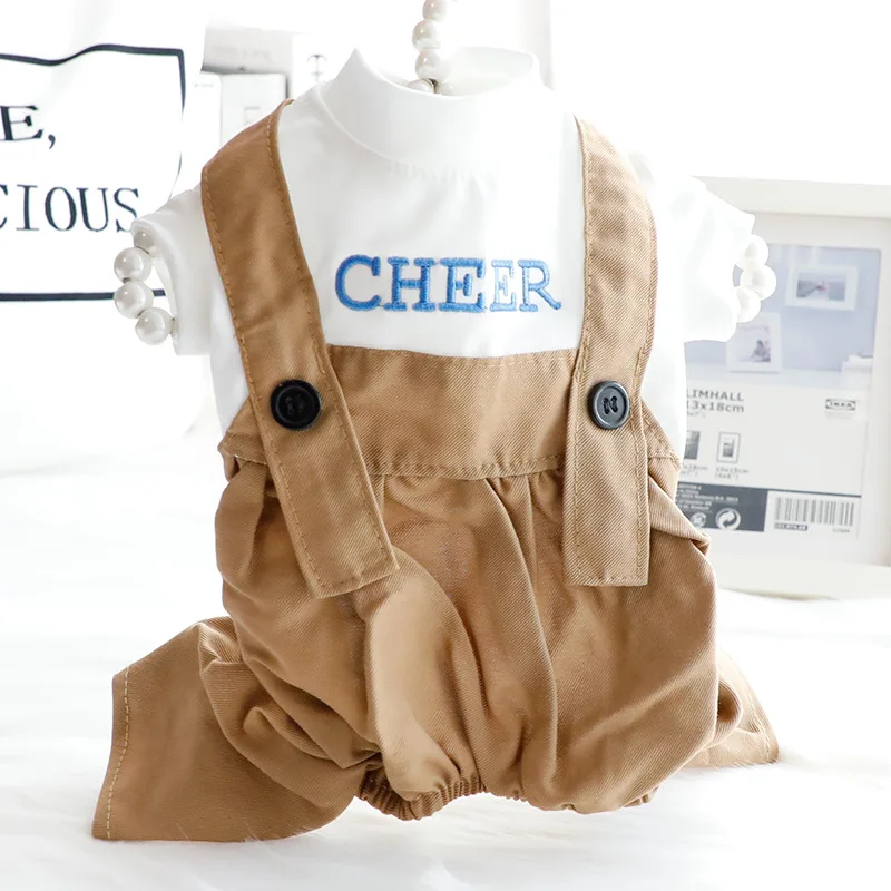 Dog Clothes Autumn Four Legged Work Suit Strap Pants Khaki Fashion Cotton Jumpsuits Small and Medium-sized Pet Clothing