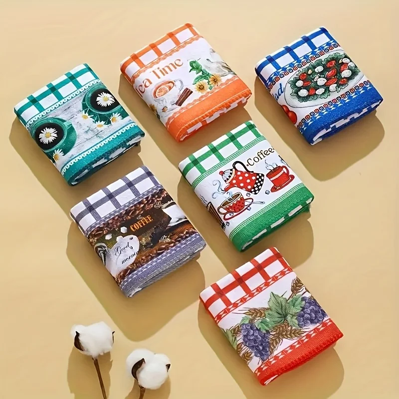 

Набор из 6 кухонных впитывающих полотенец с принтом: тряпки для мытья посуды, полотенца для рук, салфетки для уборки и мытья столовых приборов.